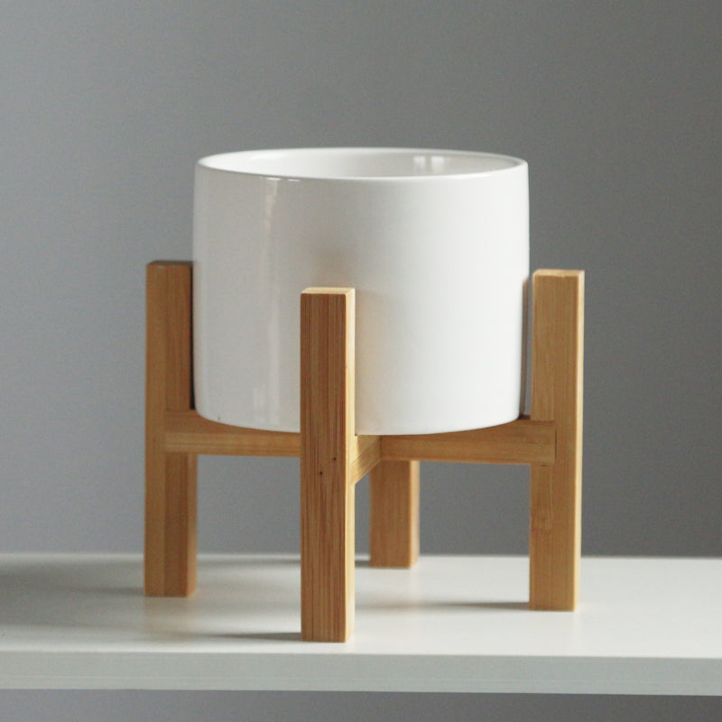 Minimalist Ceramic Flower Pot with Bamboo Stand
