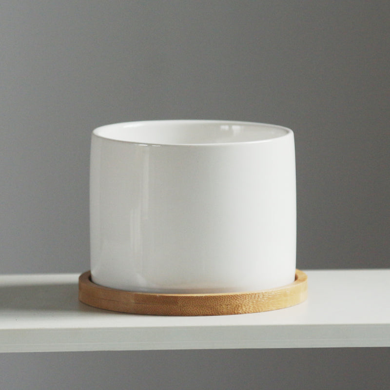 Minimalist Ceramic Flower Pot with Bamboo Stand