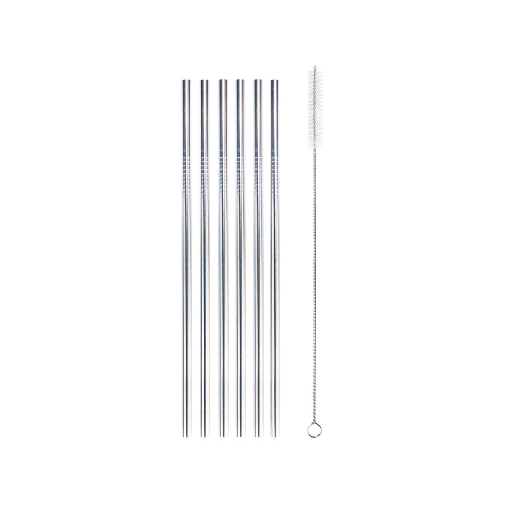 BambooMN Reusable Stainless Steel Metal Drinking Straws - 8.5" Thin Straight Straws w/ 1x Cleaning Brush - 6 Pack