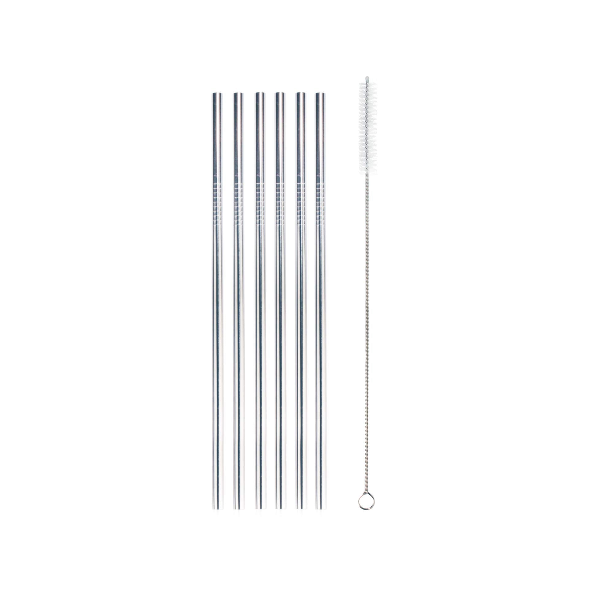 BambooMN Reusable Stainless Steel Metal Drinking Straws - 8.5" Thin Straight Straws w/ 1x Cleaning Brush - 6 Pack
