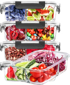 5-Pack 36OZ Glass Airtight Food Storage Containers 3 Compartments Glass Meal Prep Container Set with Lids for Pantry Kitchen Organizers and Storage BPA Free Glass Lunch Boxes Bento