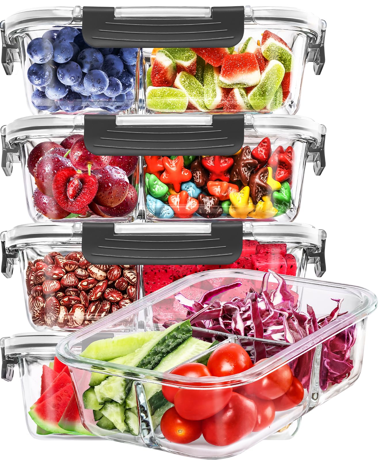 5-Pack 36OZ Glass Airtight Food Storage Containers 3 Compartments Glass Meal Prep Container Set with Lids for Pantry Kitchen Organizers and Storage BPA Free Glass Lunch Boxes Bento