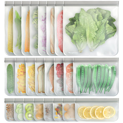 24 Reusable Food Storage Bags Freezer Bags with Pack BPA FREE (8 Reusable Gallon Bags+8 Leakproof Reusable Sandwich Bags+8 Food Grade Snack Bags) EXTRA THICK Reusbale Lunch Bag for Salad Fruit
