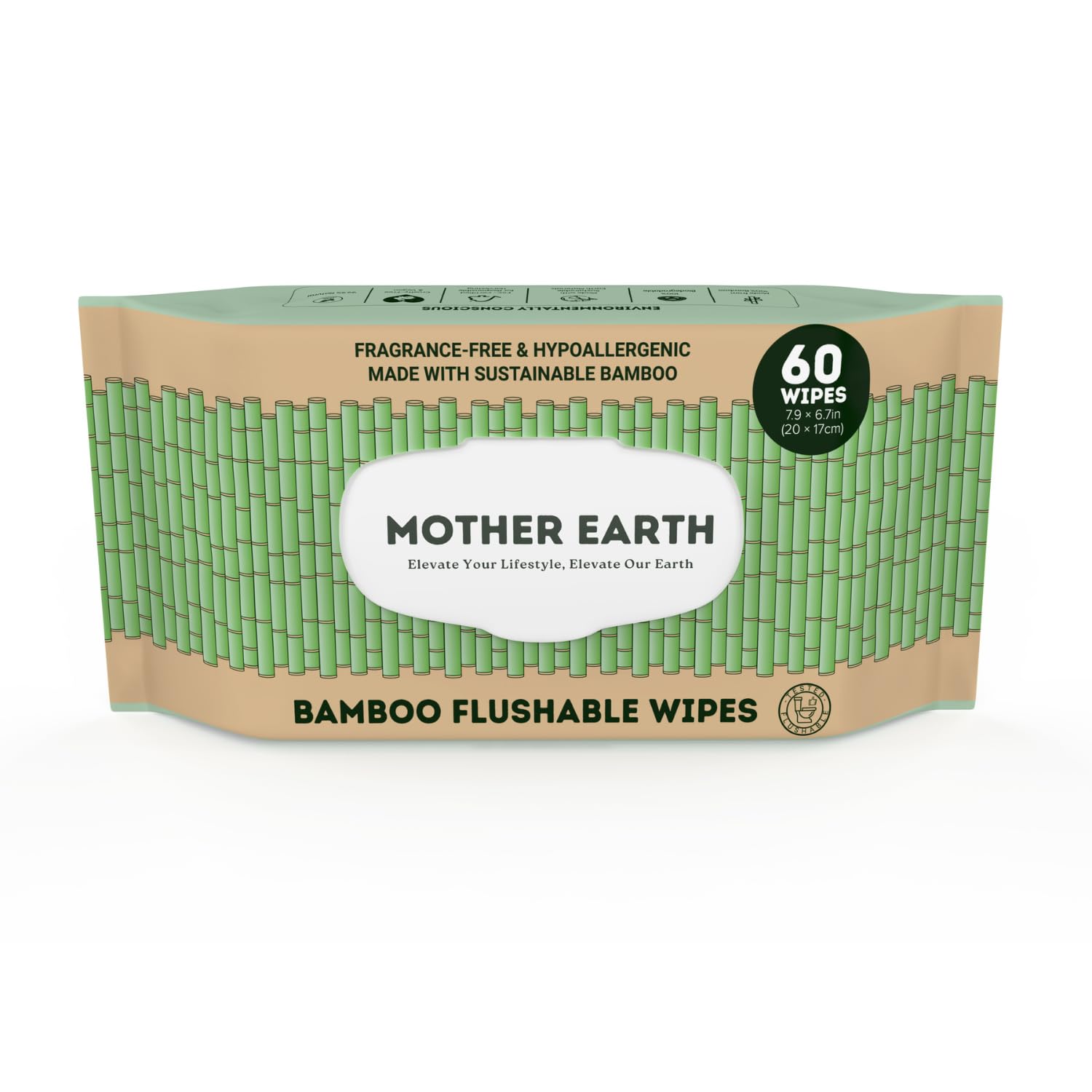 MOTHER EARTH Bamboo Flushable Wipes for Sensitive Skin Septic Safe Hypoallergenic Unscented Toilet Wipes (60 Flushable Wipes)
