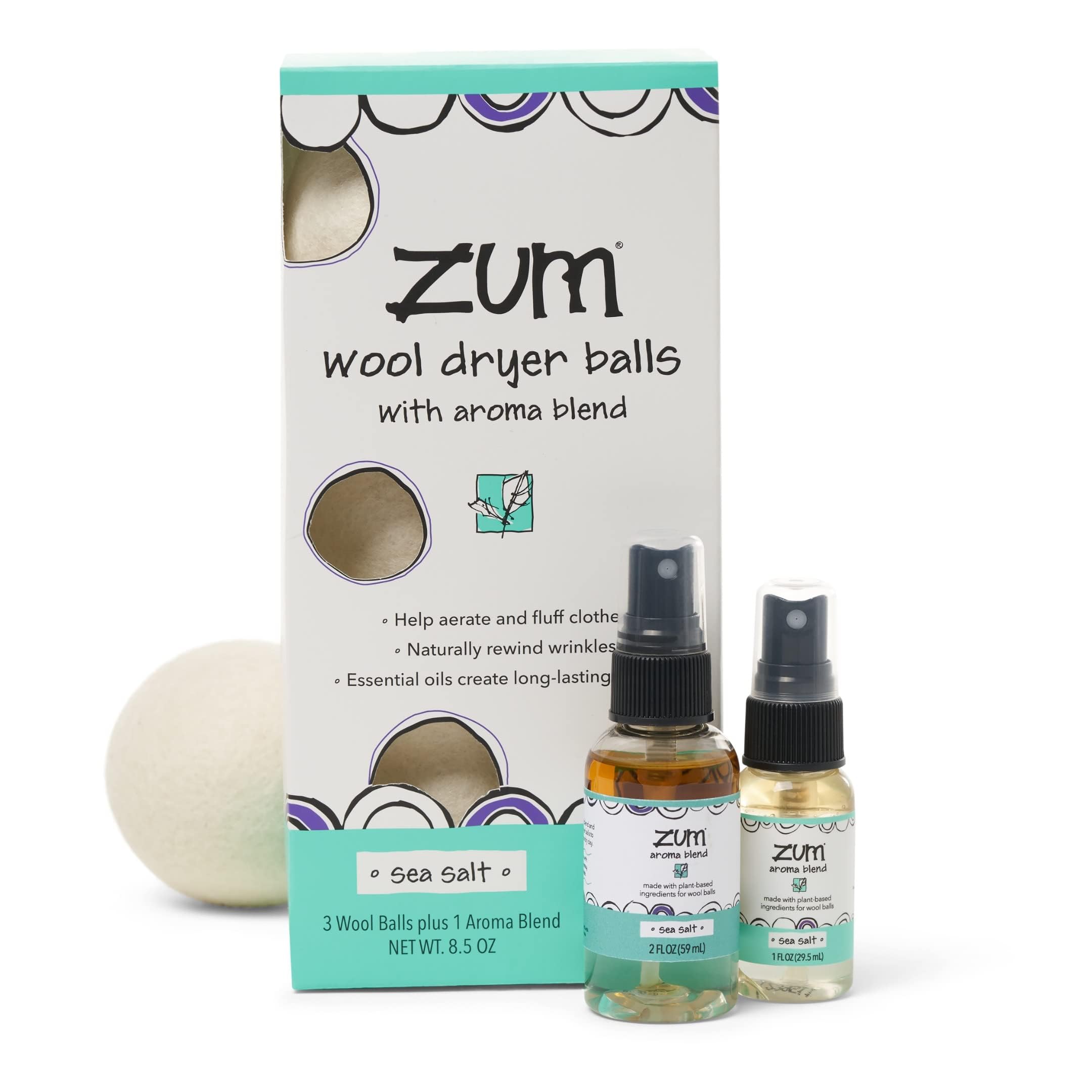 Indigo Wild Zum Laundry Dryer Balls Kit - Wool Laundry Balls for The Dryer - Essential Oil Spray - Reusable Drying Balls for Laundry - Sea Salt - (3 Dryer Balls 1 Aroma Blend)
